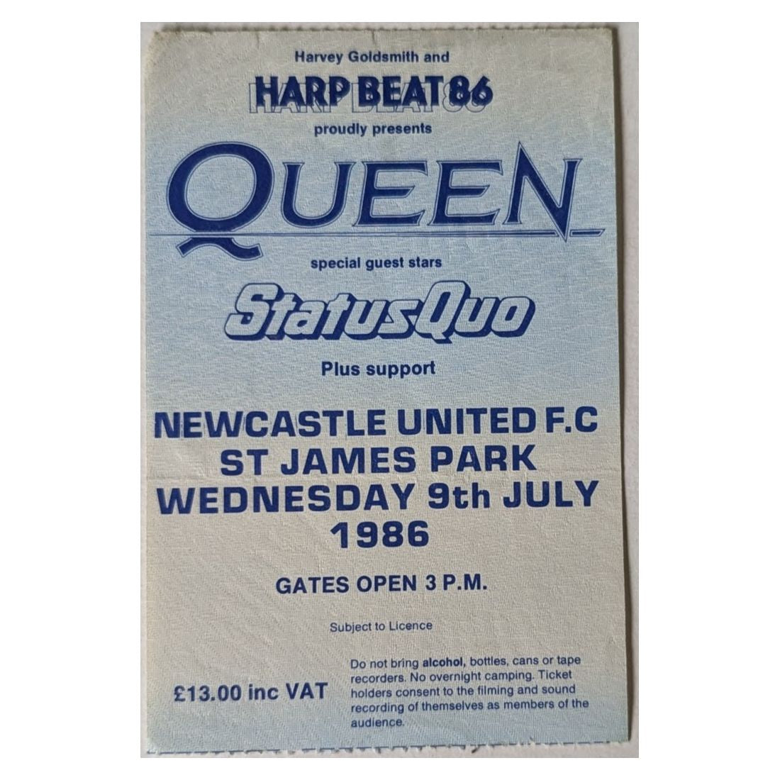 Queen - With Support Status Quo 1986 Original Vintage Concert Ticket