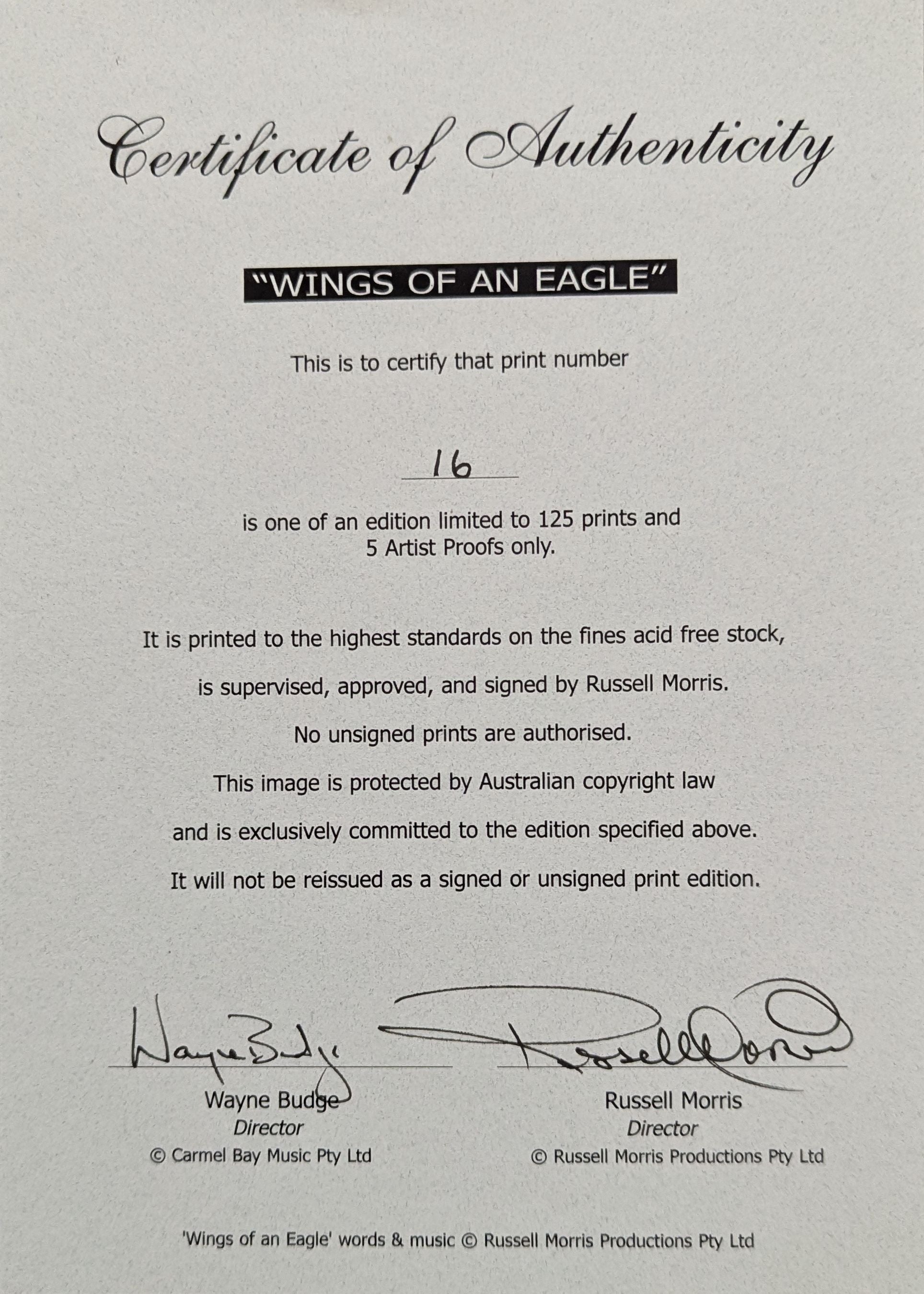 Russell Morris - Autographed Wings Of An Eagle Lyric Sheet