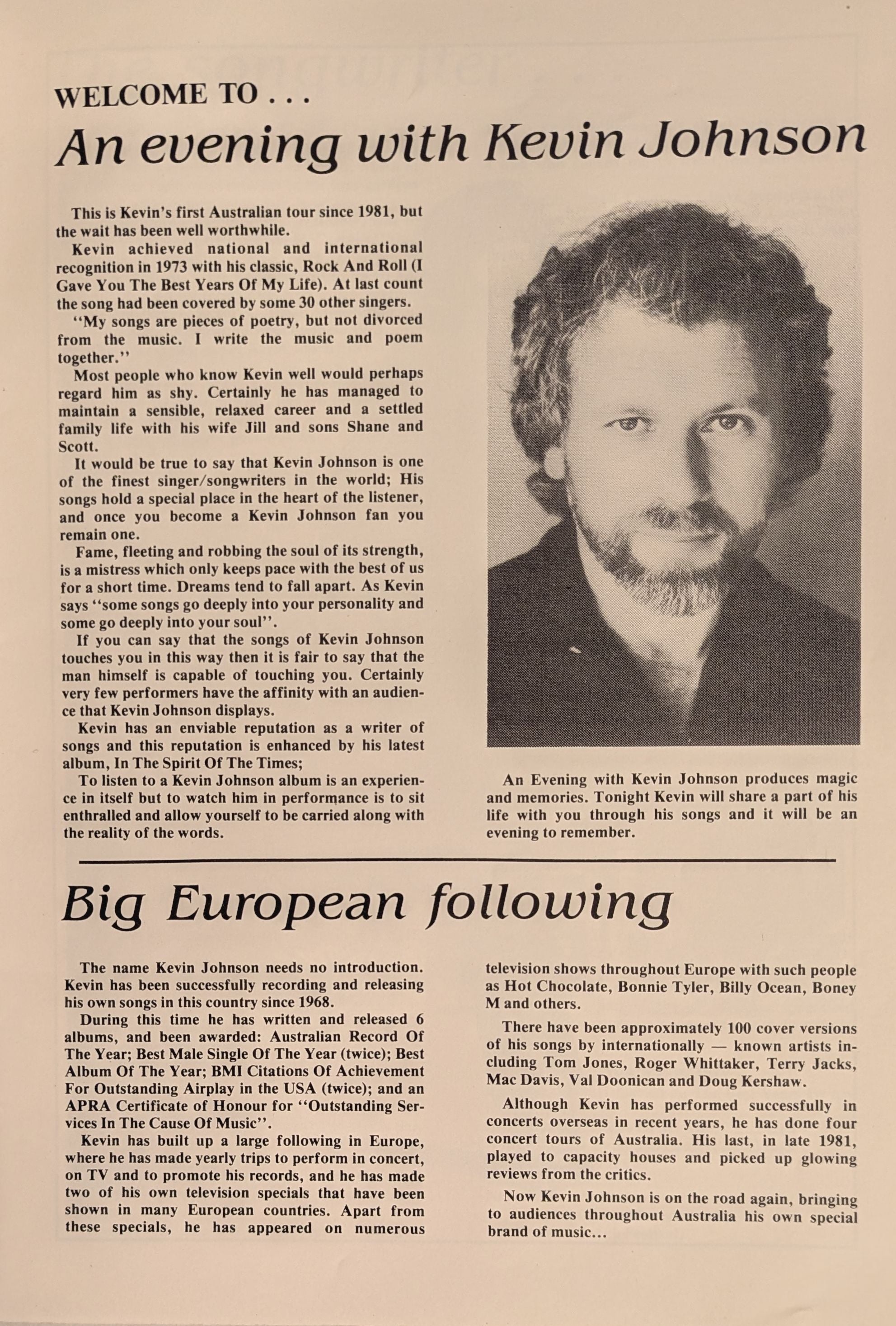 Kevin Johnson - An Evening With 1974 Australian Original Concert Tour Program