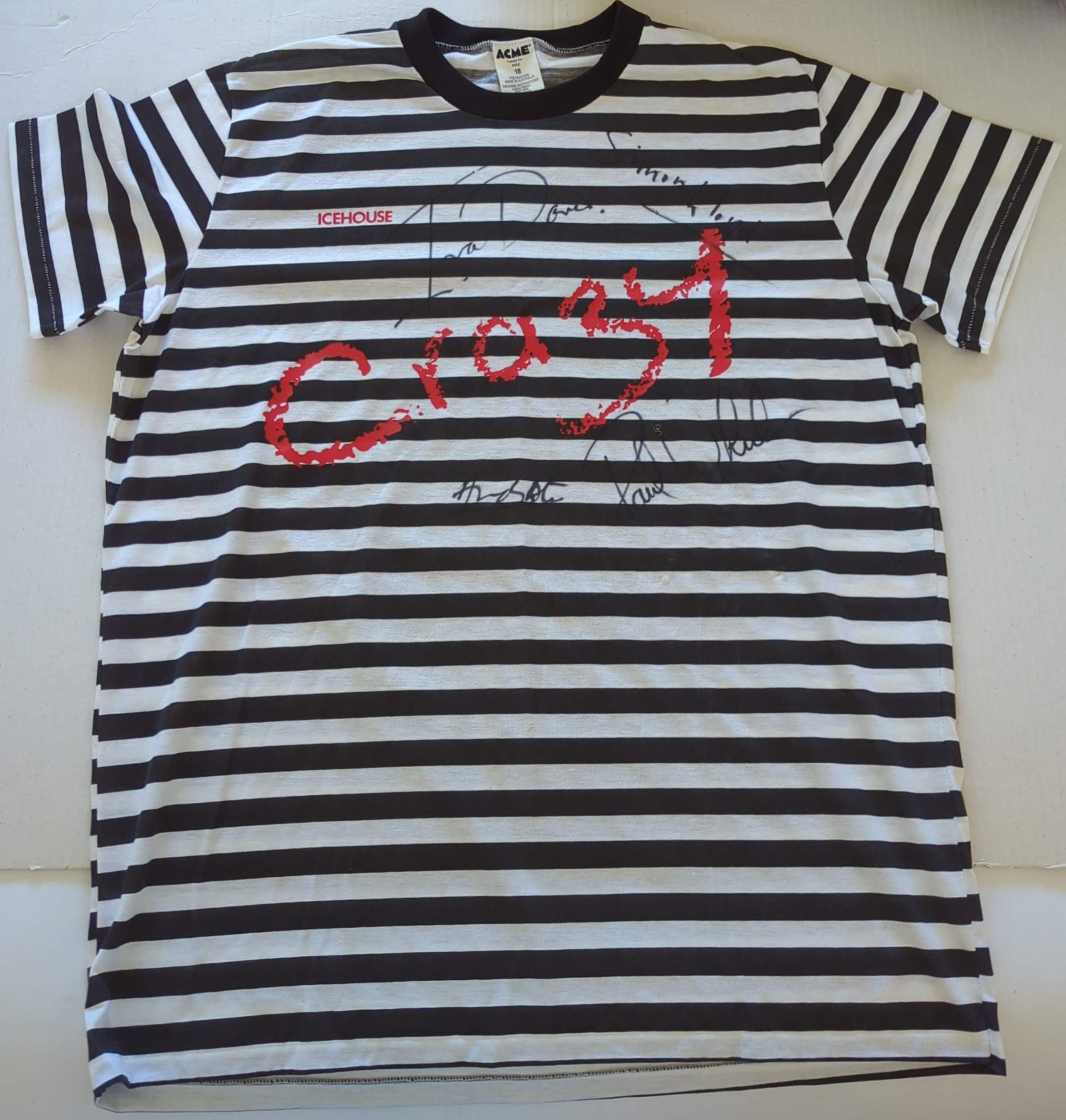 Icehouse - Autographed Hand Signed Crazy (1987 Man Of Colours Album) Vintage T-Shirt Black/White Stripe Size 18