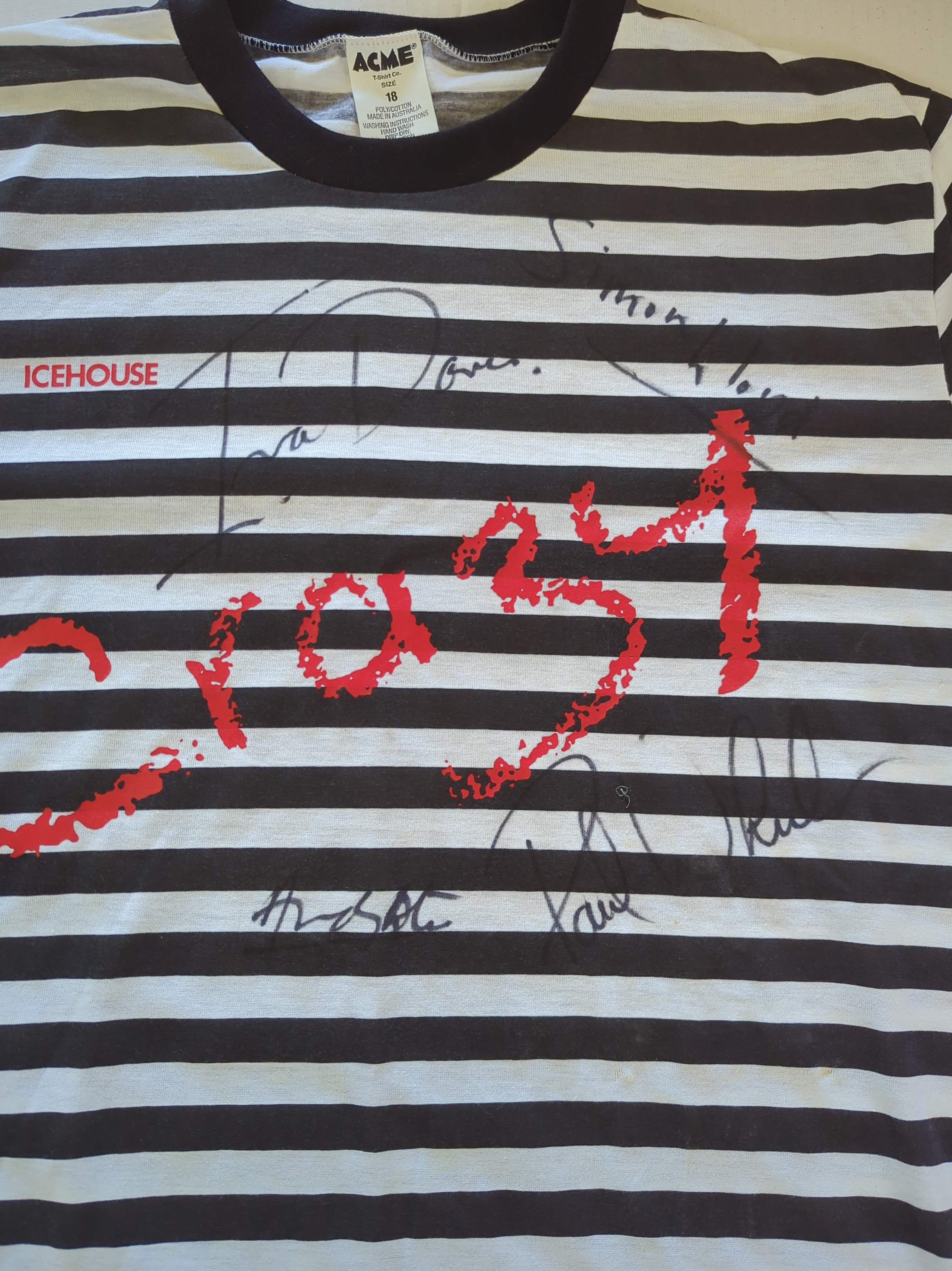 Icehouse - Autographed Hand Signed Crazy (1987 Man Of Colours Album) Vintage T-Shirt Black/White Stripe Size 18