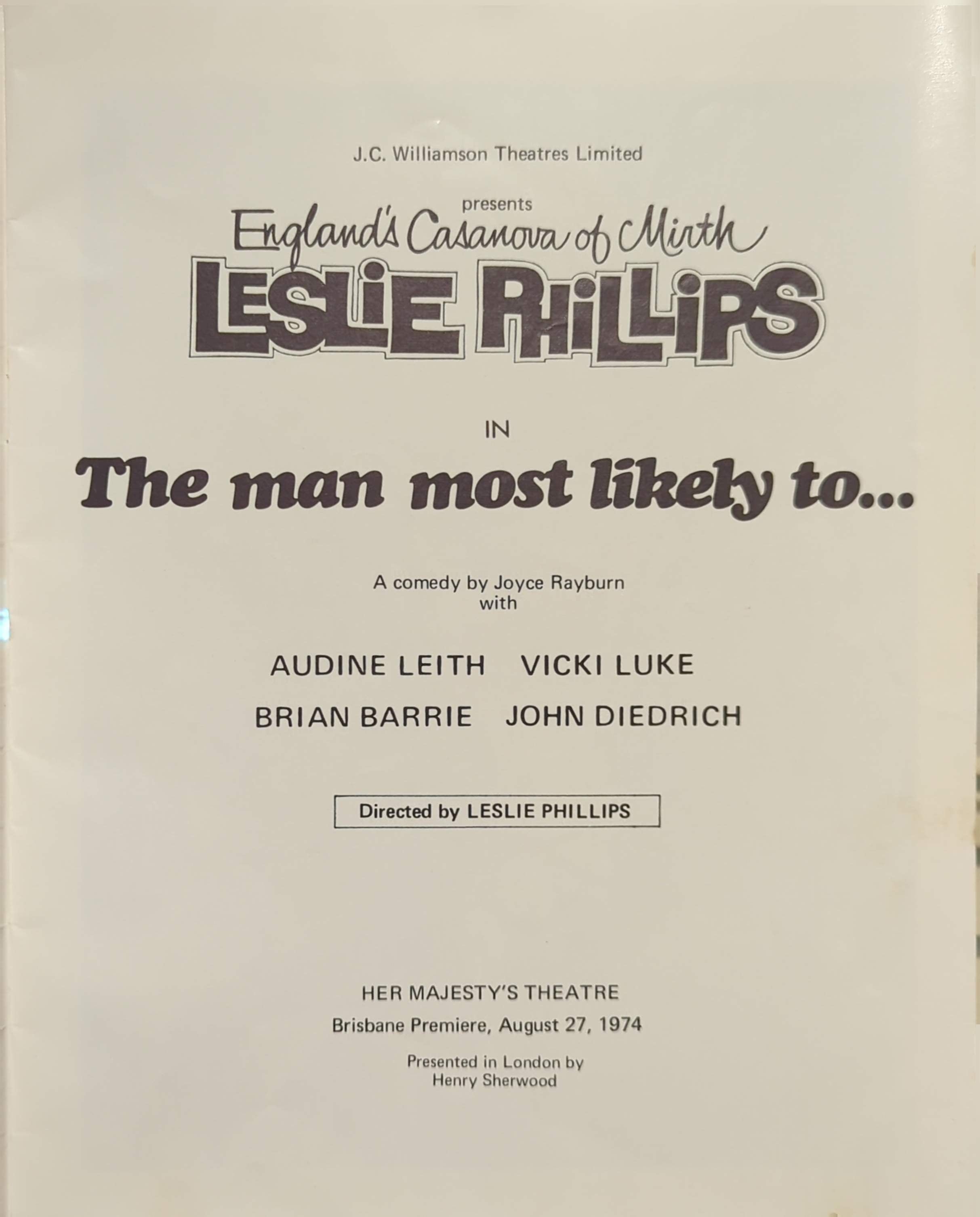 Leslie Phillips - The Man Most Likely To, Brisbane Australia 1974 Original Concert Tour Program