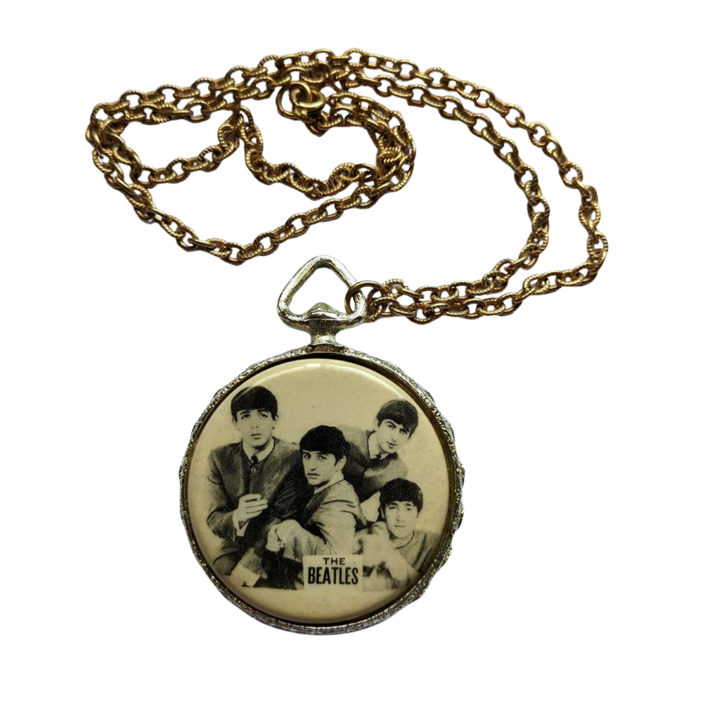 Beatles - Original 1960s Brass Pendant B/W Photo With First Names On Back And Chain