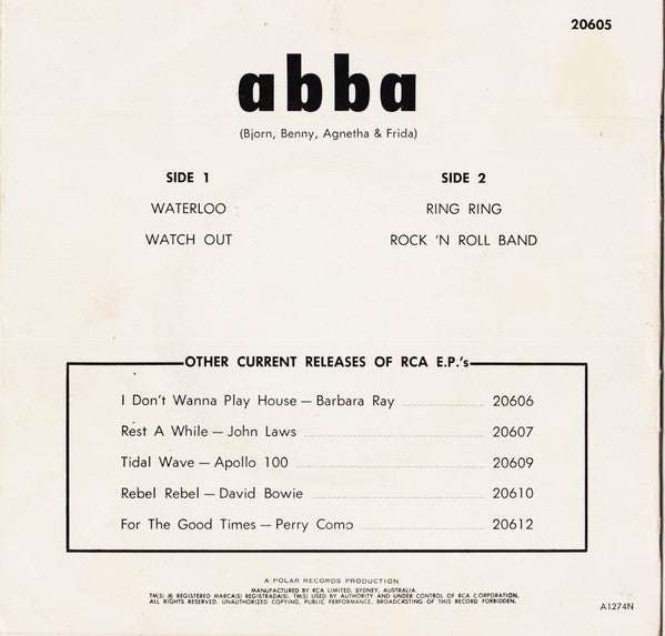 ABBA - Waterloo / Watch Out / Ring Ring / Rock 'N Roll Band 7" Vinyl EP (Used)