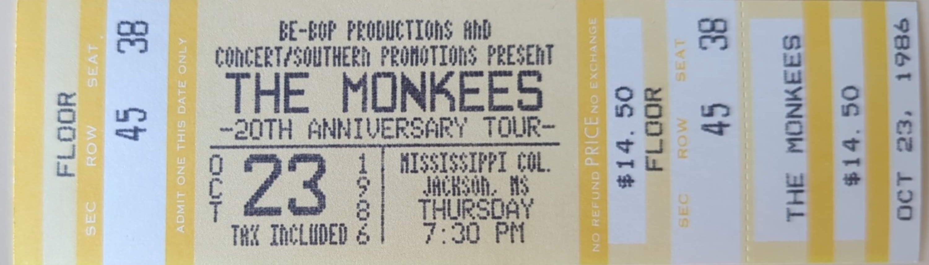 Monkees - 20th Anniversary Tour 1986 Original Vintage Concert Ticket Row 45 Seat 38