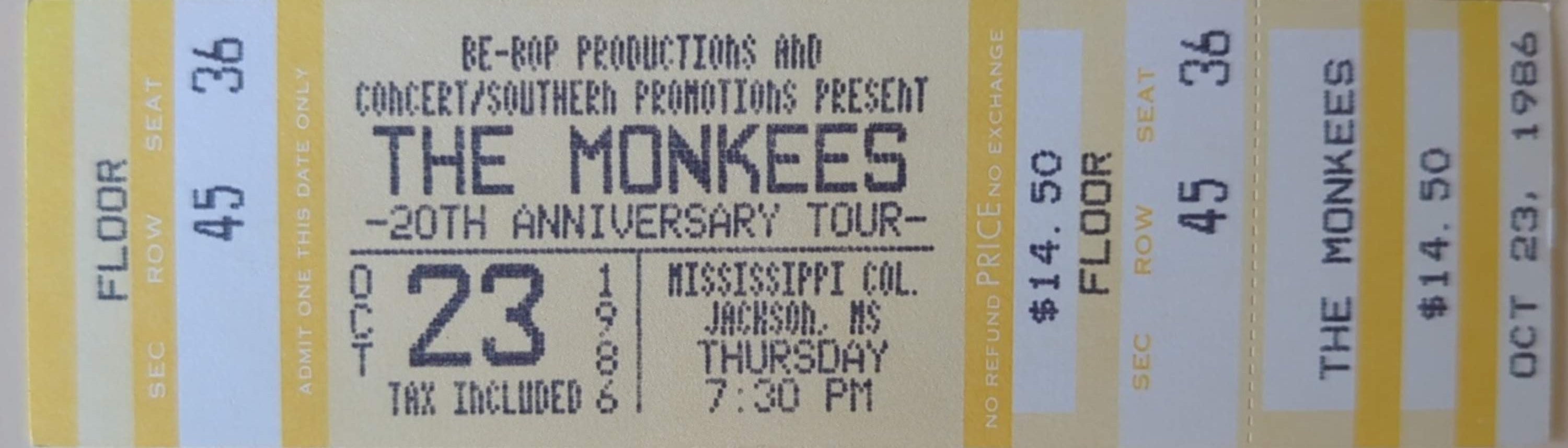 Monkees - 20th Anniversary Tour 1986 Original Vintage Concert Ticket Row 45 Seat 36