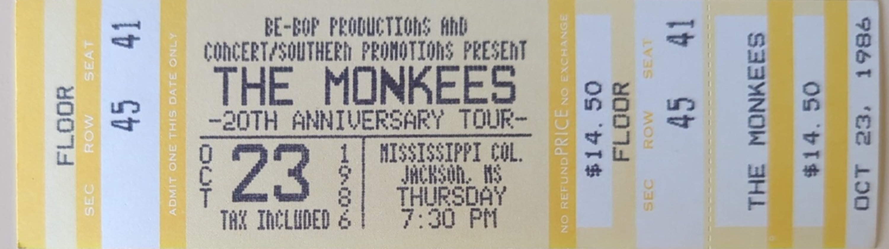 Monkees - 20th Anniversary Tour 1986 Original Vintage Concert Ticket Row 45 Seat 41
