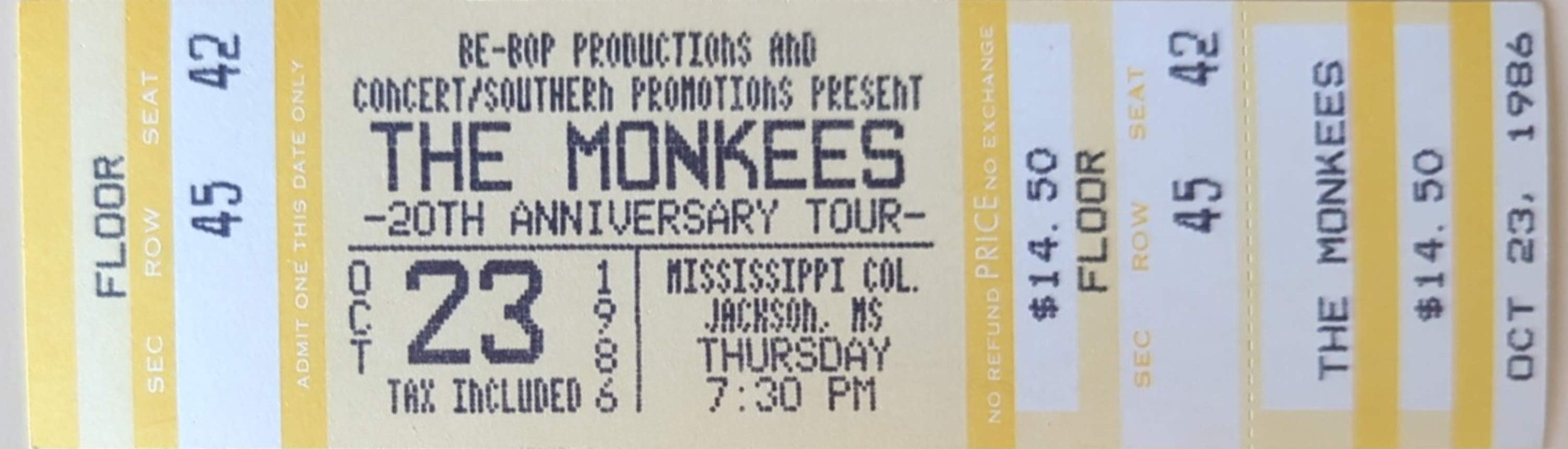 Monkees - 20th Anniversary Tour 1986 Original Vintage Concert Ticket Row 45 Seat 42
