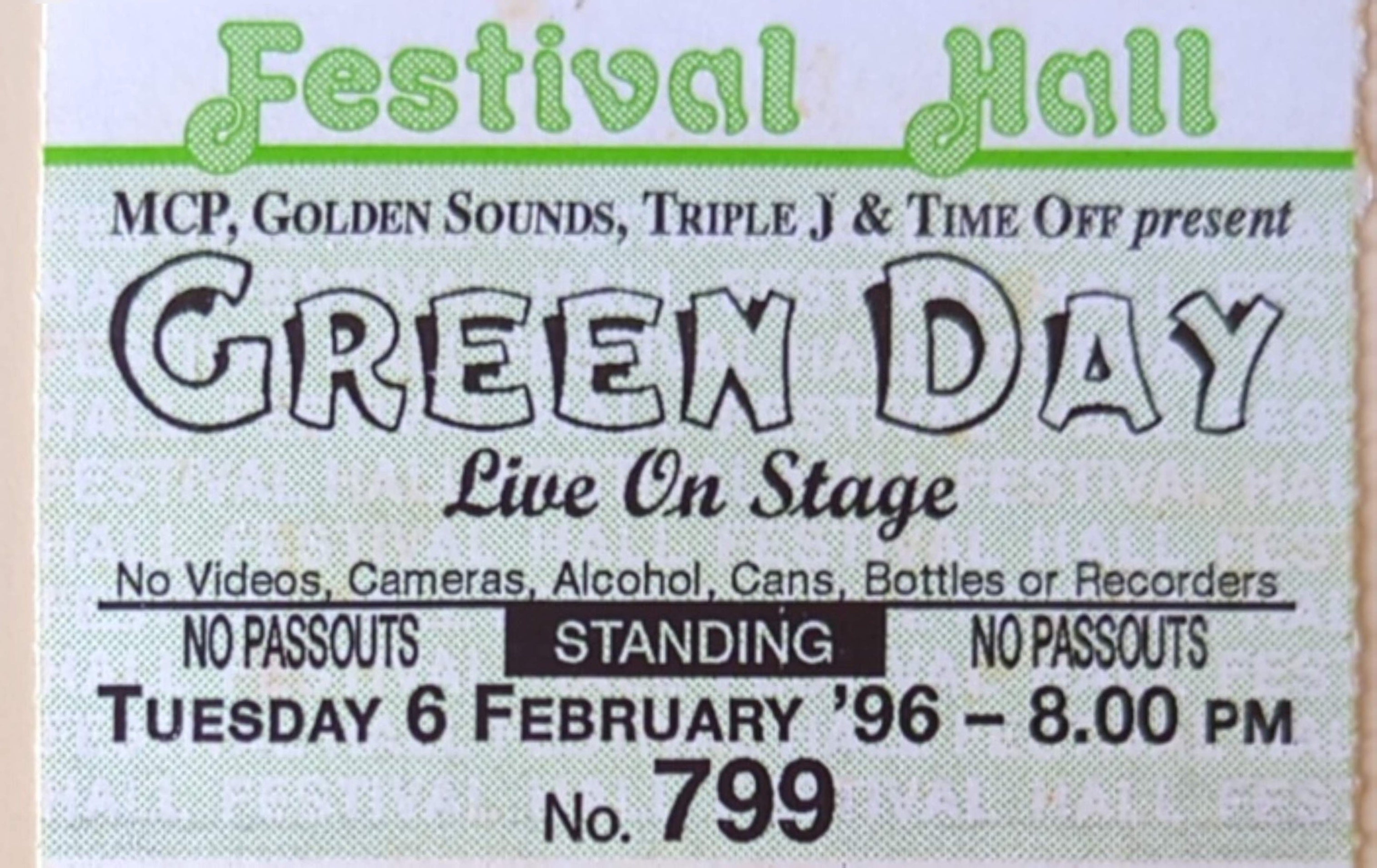 Green Day - Live On Stage 1996 Original Vintage Concert Ticket Standing 799