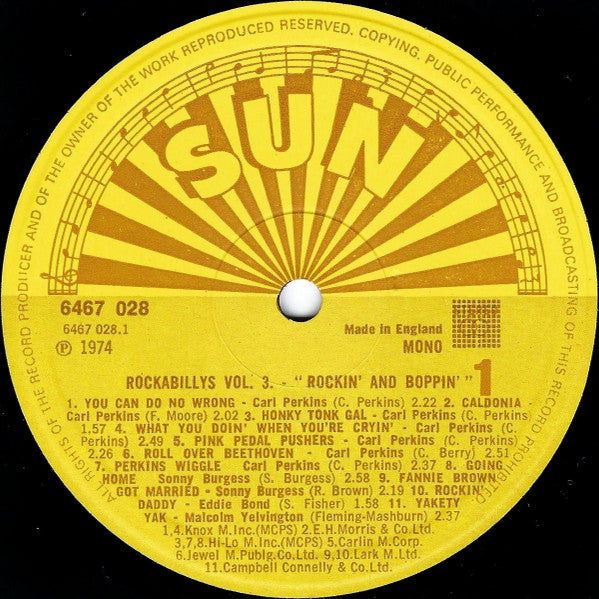 Various Artists - Sun Rockabillys Volume 3 - Rockin' & Boppin' Vinyl LP (Used)
