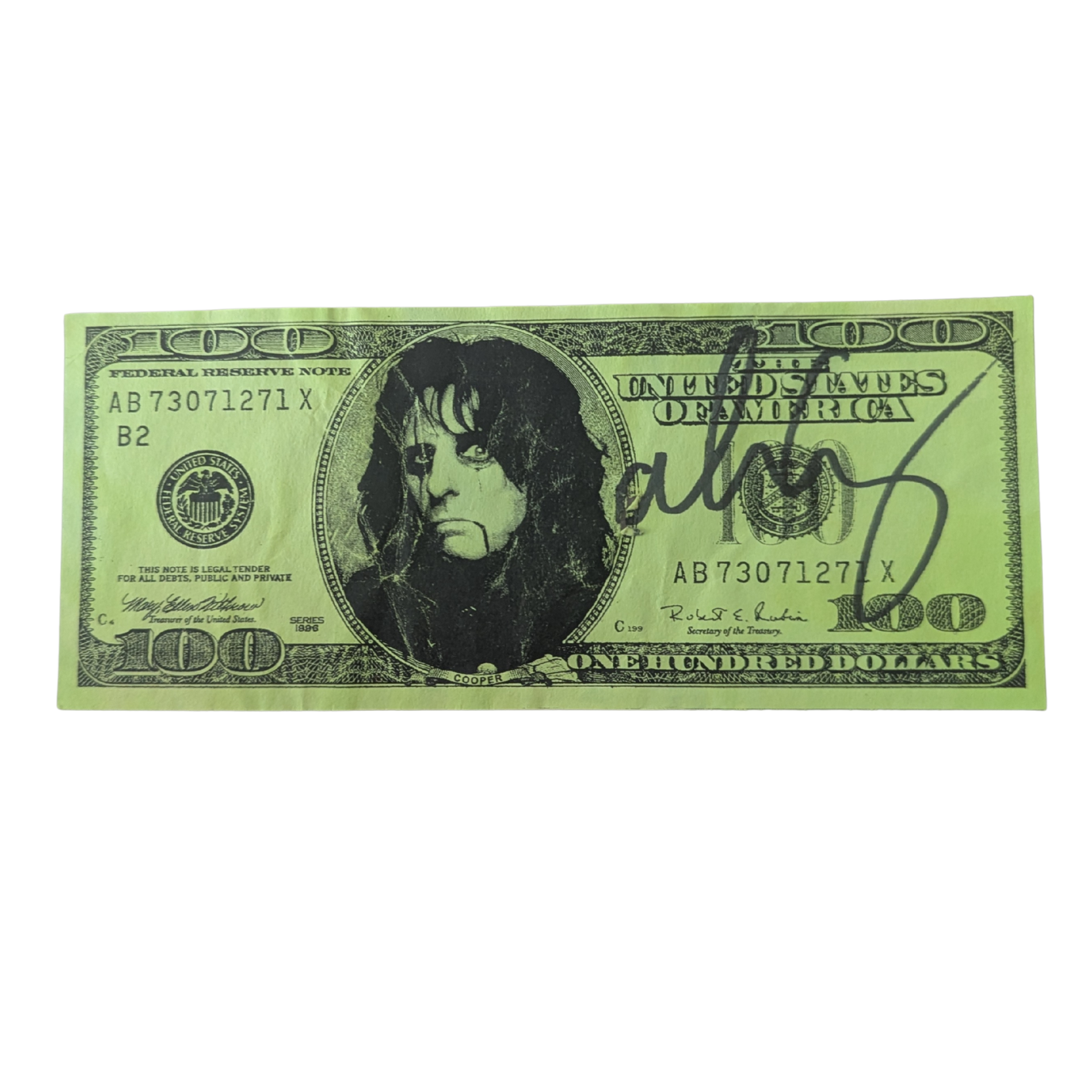 Alice Cooper - Neon Green Promotional $100 Bill Autographed