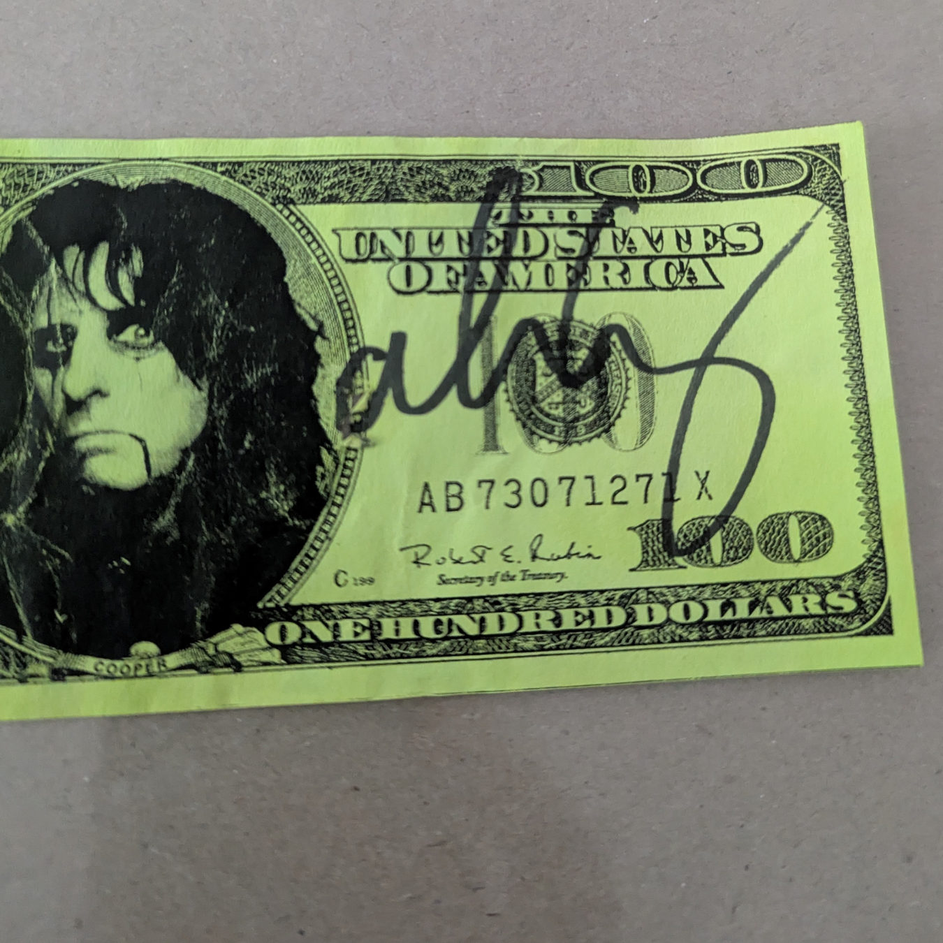 Alice Cooper - Neon Green Promotional $100 Bill Autographed