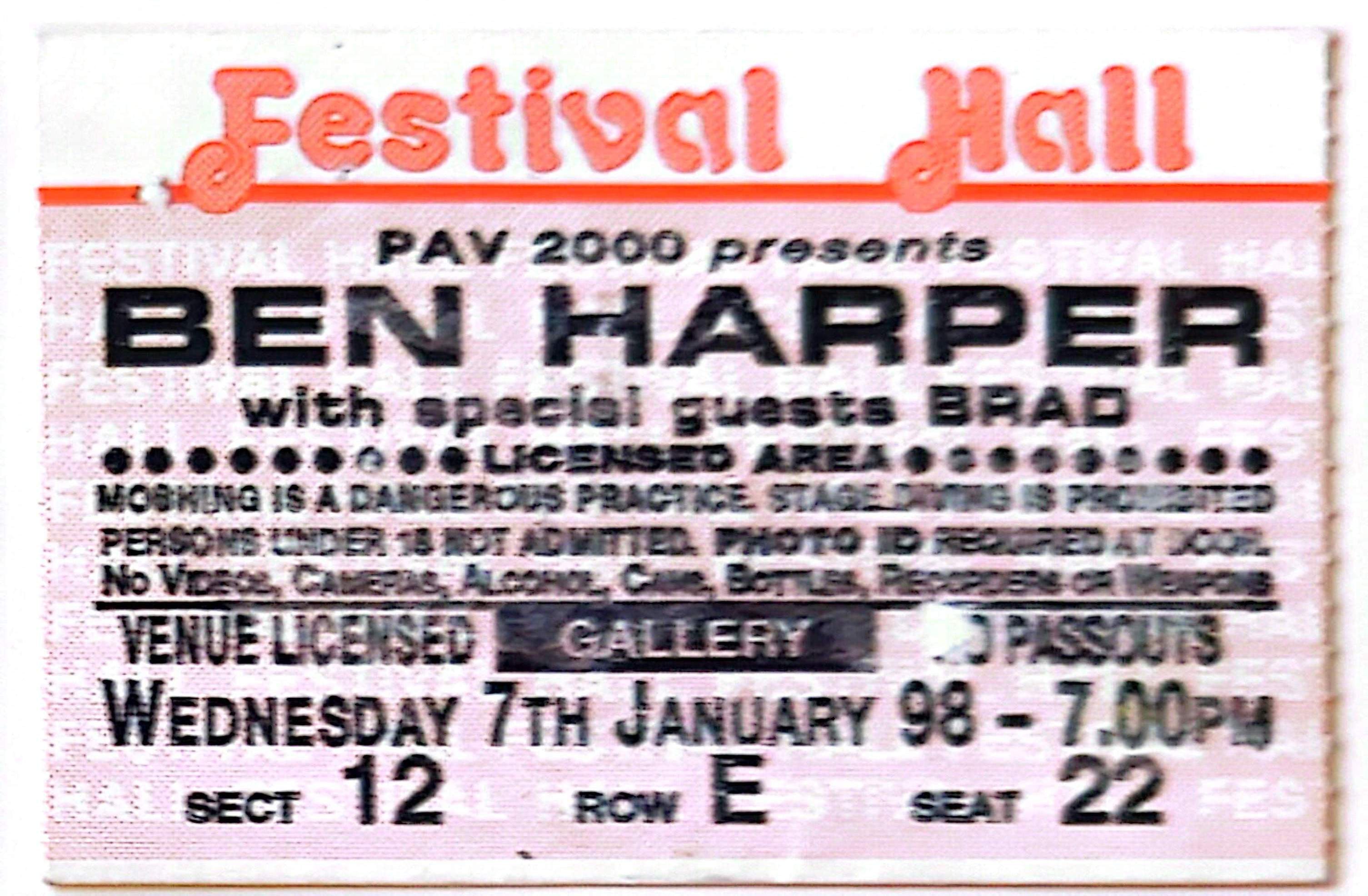 Ben Harper - 1998 - Original Vintage Concert Ticket Seat 22