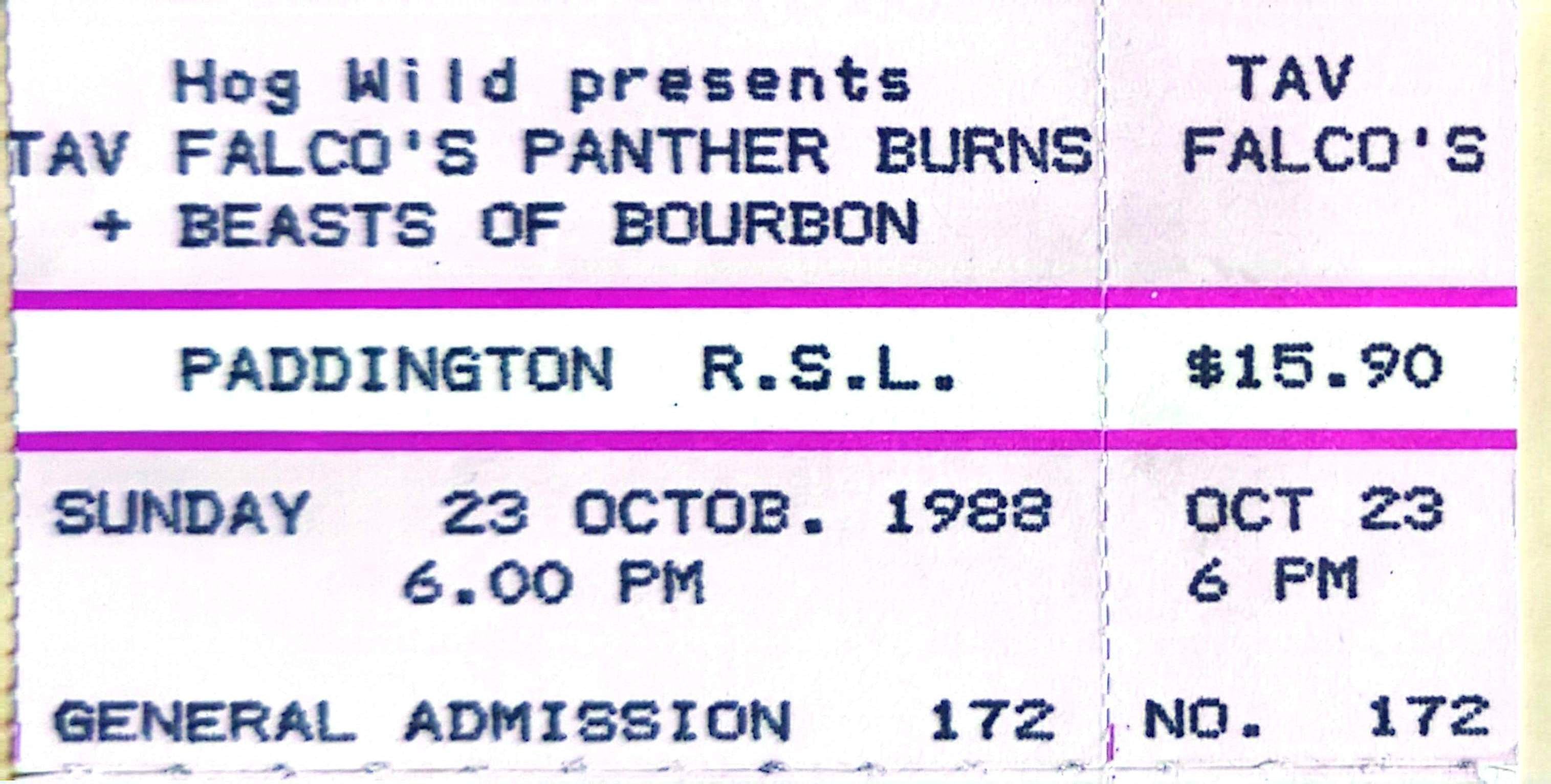 Tav Falco's Panther Burns - 1988 Original Vintage Concert Ticket GA172