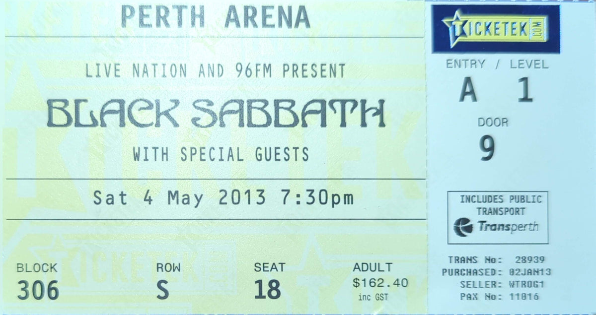 Black Sabbath - 2013 Original Vintage Concert Ticket Seat #S17