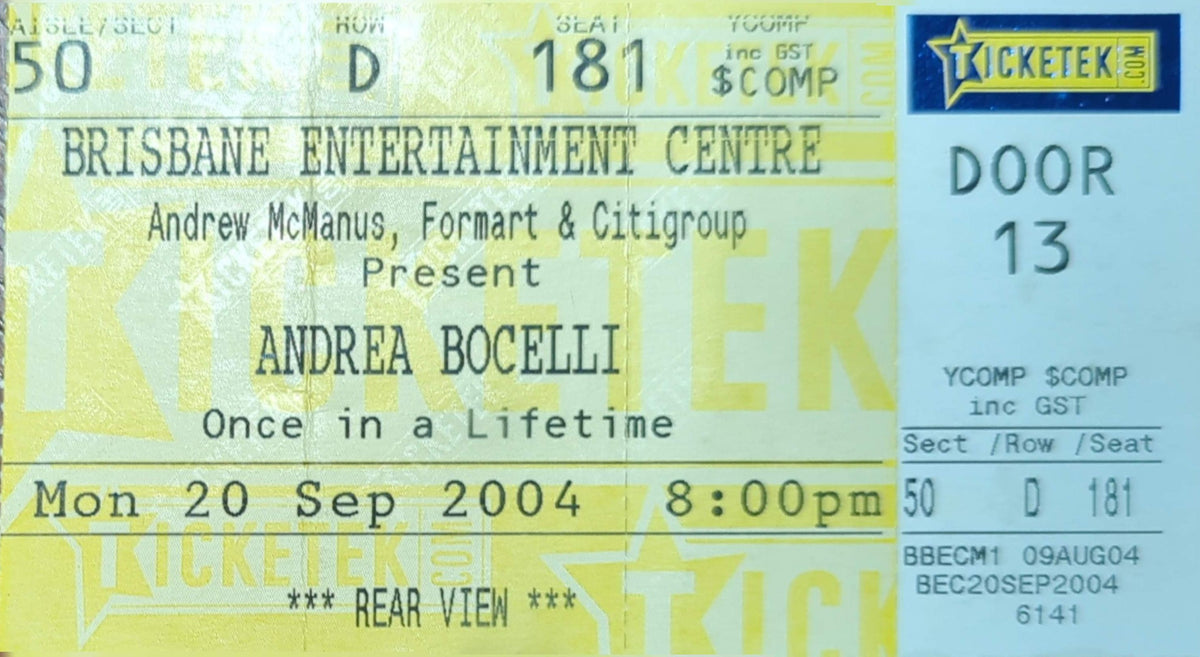 Andrea Bocelli - 2004 Original Vintage Concert Ticket Seat #D181
