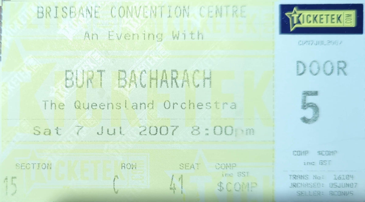 Burt Bacharach - 2007 Original Vintage Concert Ticket Seat #C41