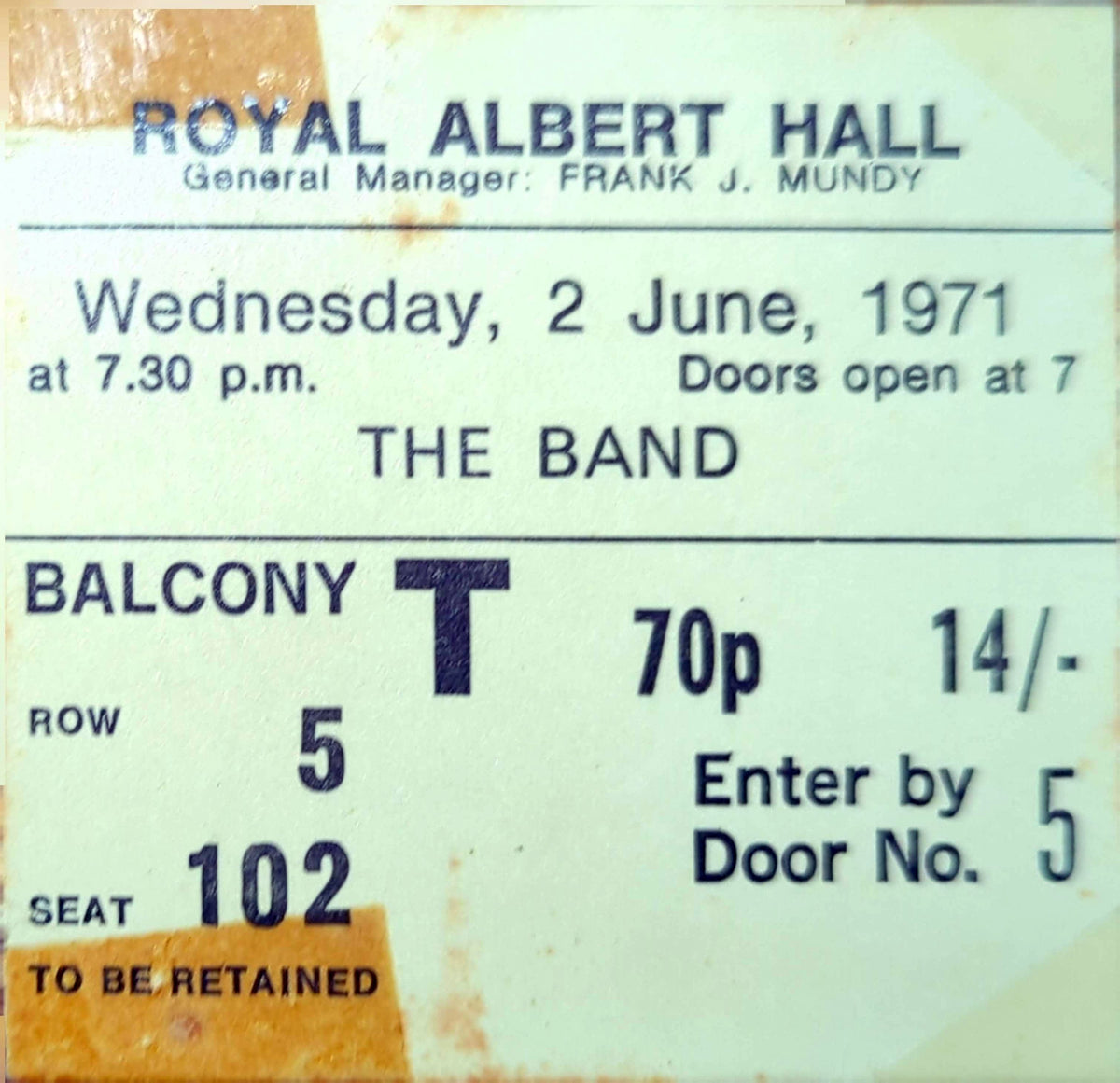 Band - 1971 Original Vintage Concert Ticket Seat #102