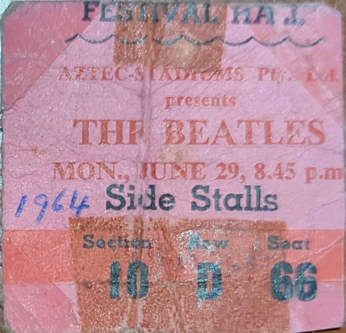 Beatles - 1964 Original Vintage Concert Ticket Seat #D66