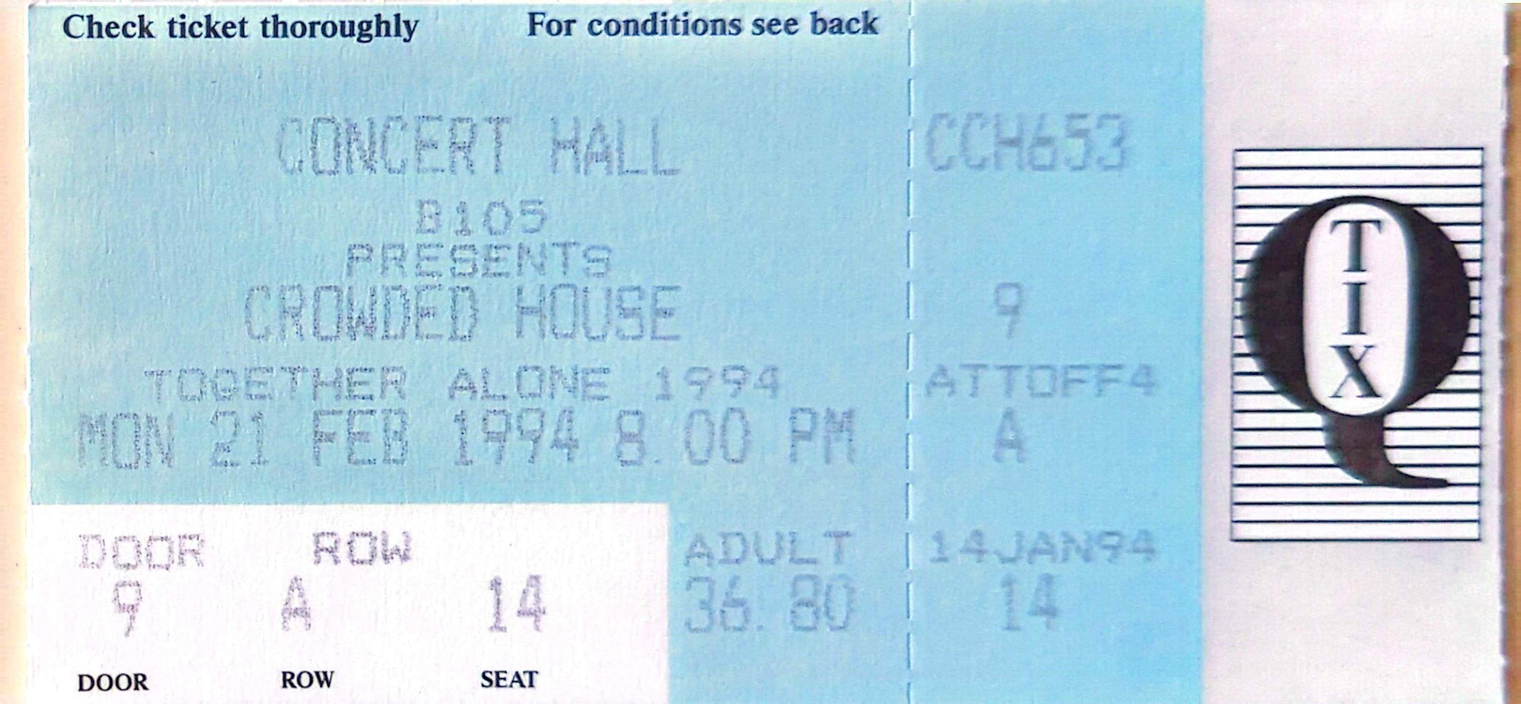 Crowded House - 1994 Original Vintage Concert Ticket Seat 14