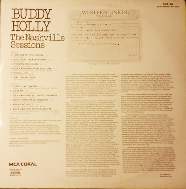 Buddy Holly - The Nashville Sessions Vinyl LP (Used)