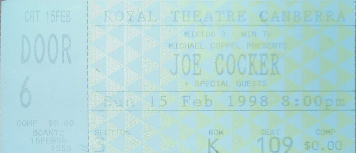 Joe Cocker - 1998 Original Vintage Concert Ticket Seat #K109