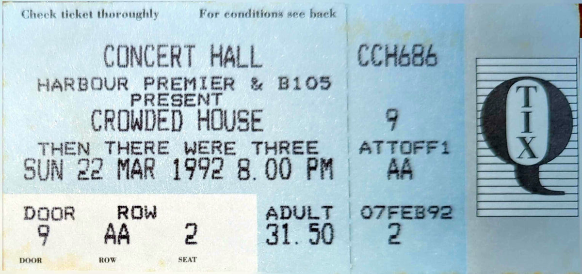 Crowded House - 1992 Original Vintage Concert Ticket Seat #AA2