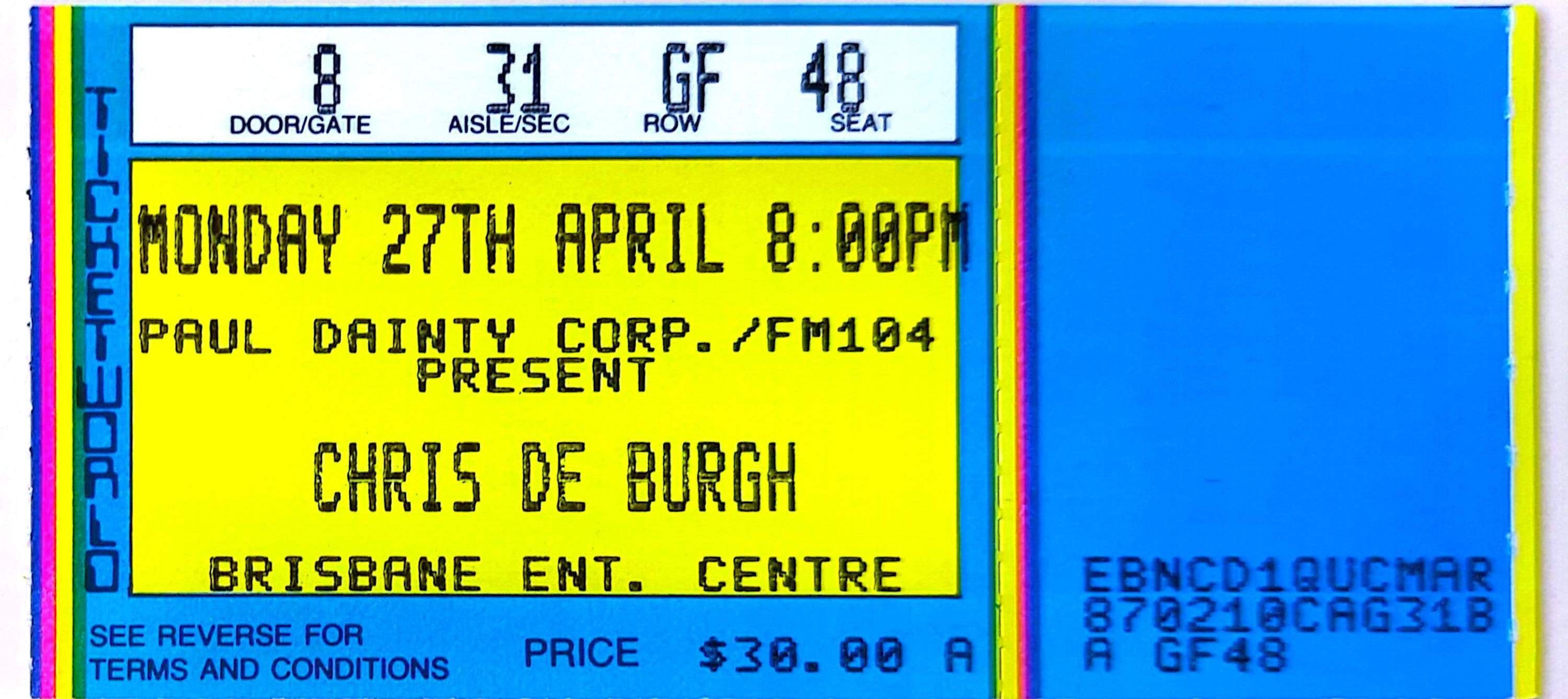 Chris De Burgh - 1987 Original Vintage Concert Ticket Seat 48