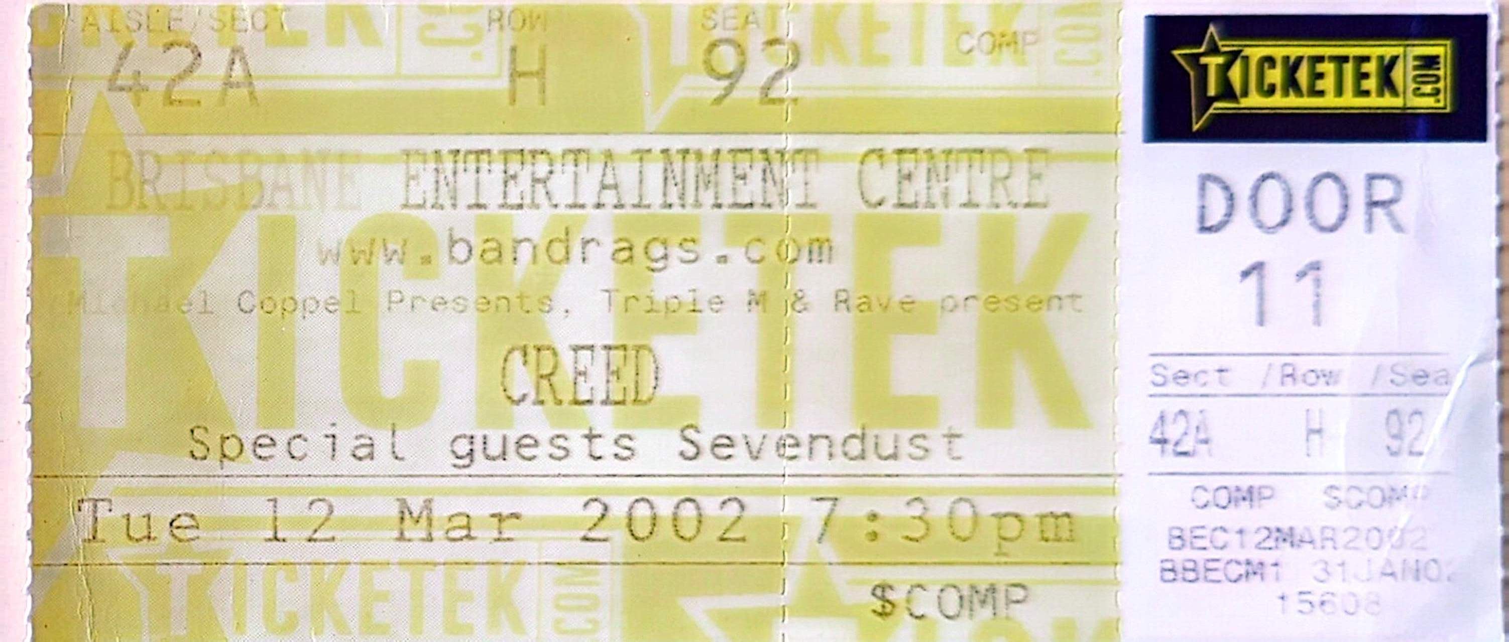 Creed - 2002 Original Vintage Concert Ticket Seat 92