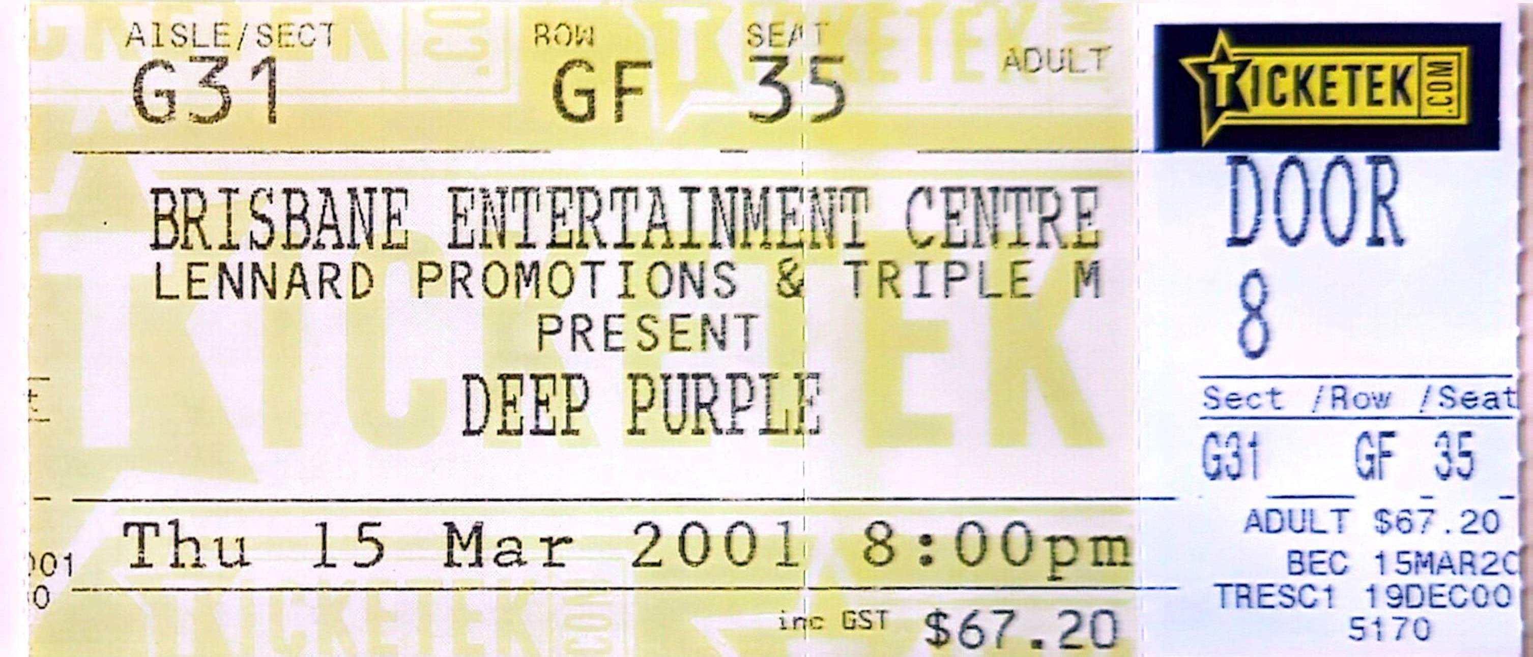 Deep Purple - 2001 Original Vintage Concert Ticket Seat 35
