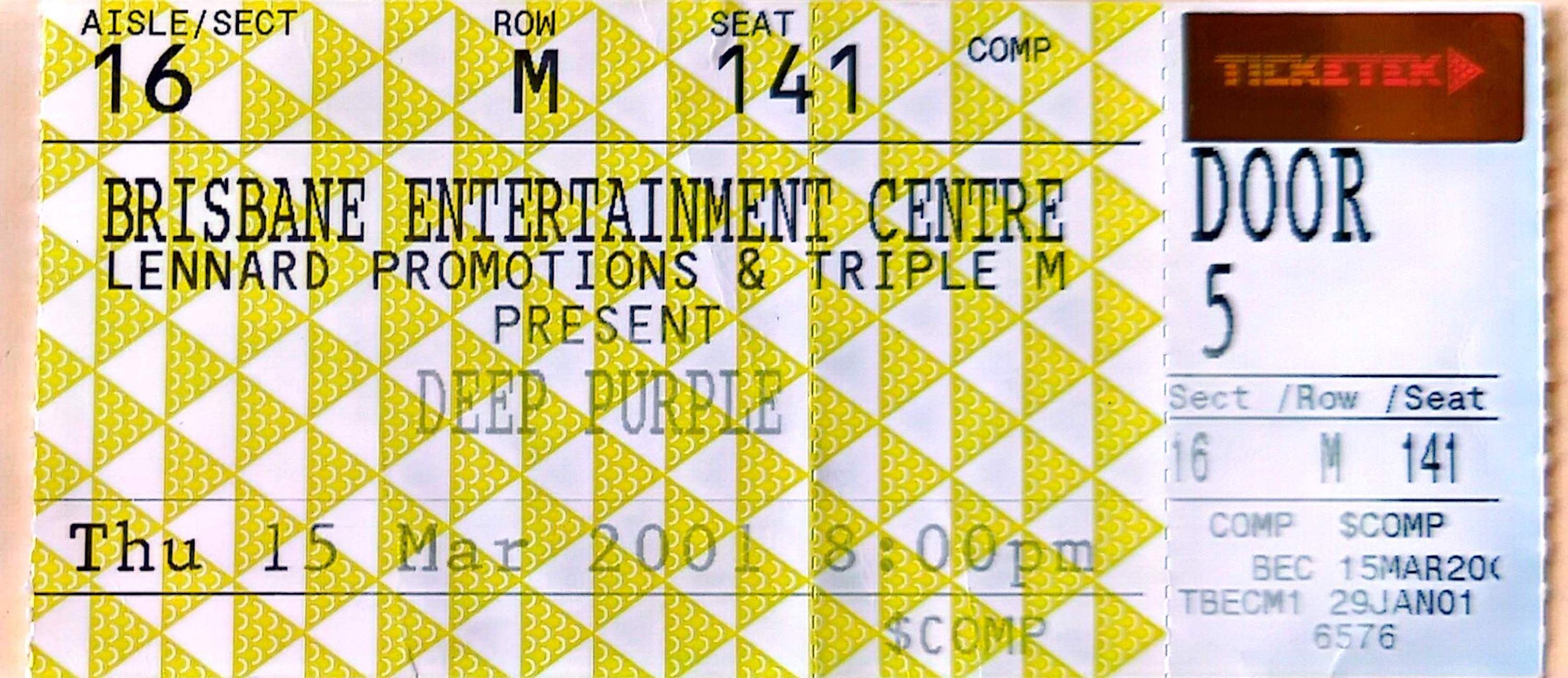 Deep Purple - 2001 Original Vintage Concert Ticket Seat 141