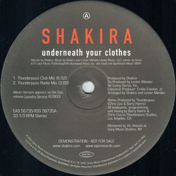 Shakira - Underneath Your Clothes (Thunderpuss Remixes) Promo 12" Vinyl Single (Used)
