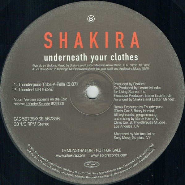 Shakira - Underneath Your Clothes (Thunderpuss Remixes) Promo 12" Vinyl Single (Used)