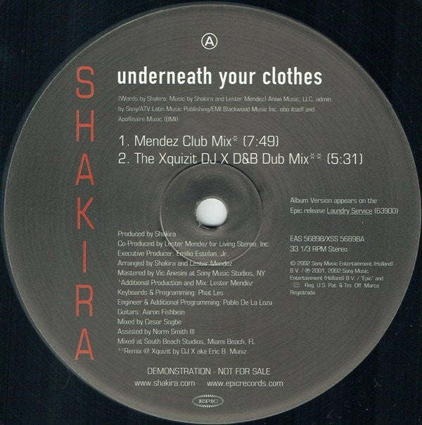 Shakira - Underneath Your Clothes (Lester Mendez & DJ X Remixes) 12" Vinyl Single (Used)