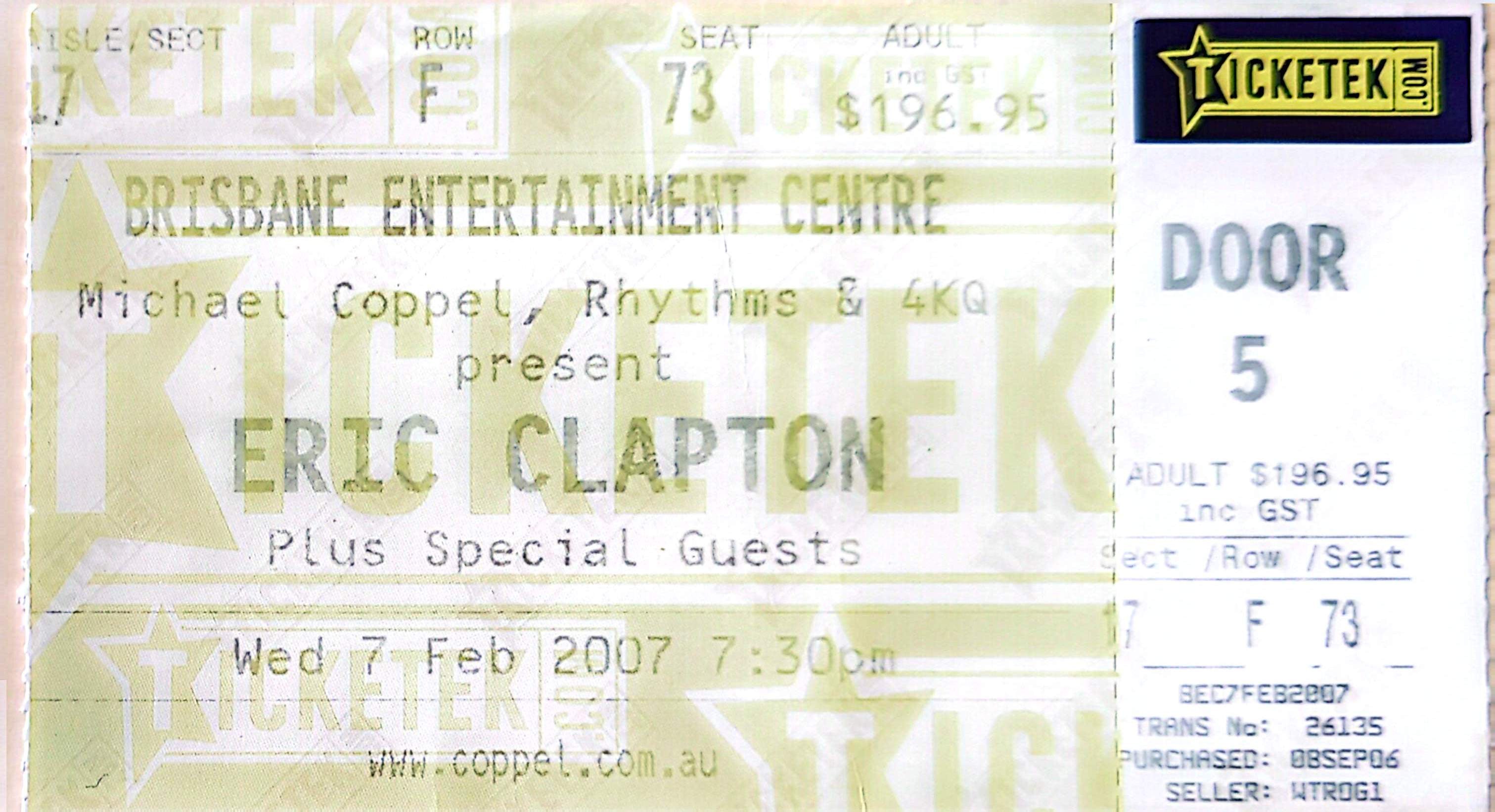 Eric Clapton - 2007 Original Vintage Concert Ticket Seat 73