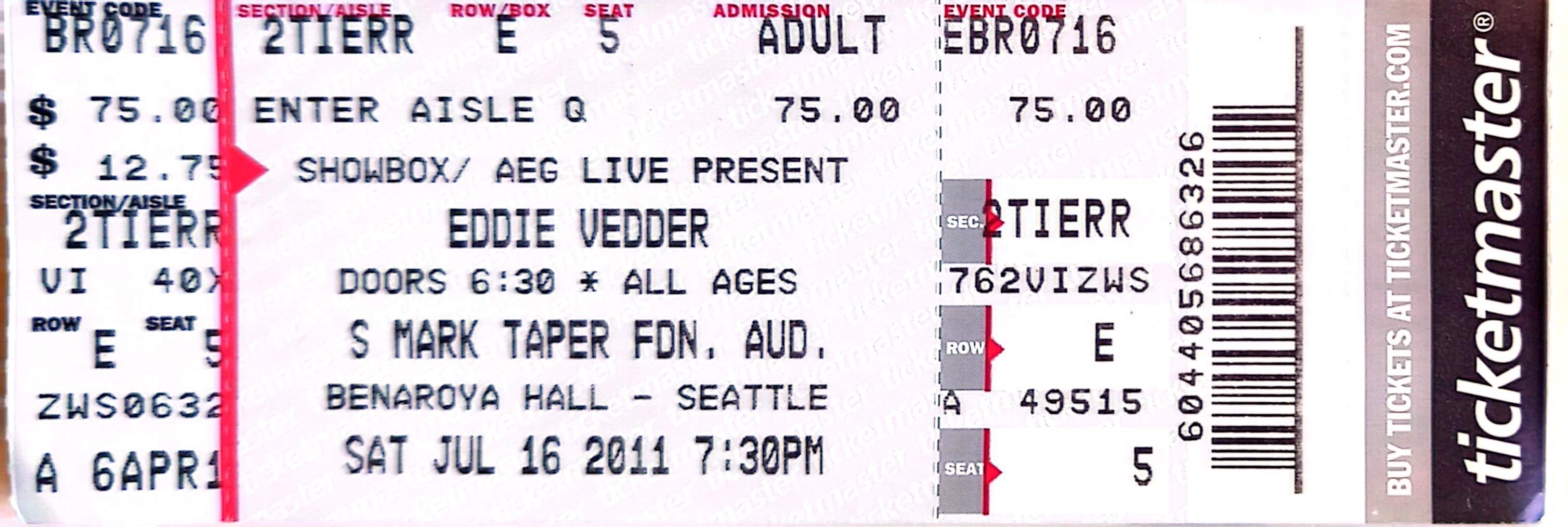 Eddie Vedder - 2011 Original Vintage Concert Ticket Seat 5