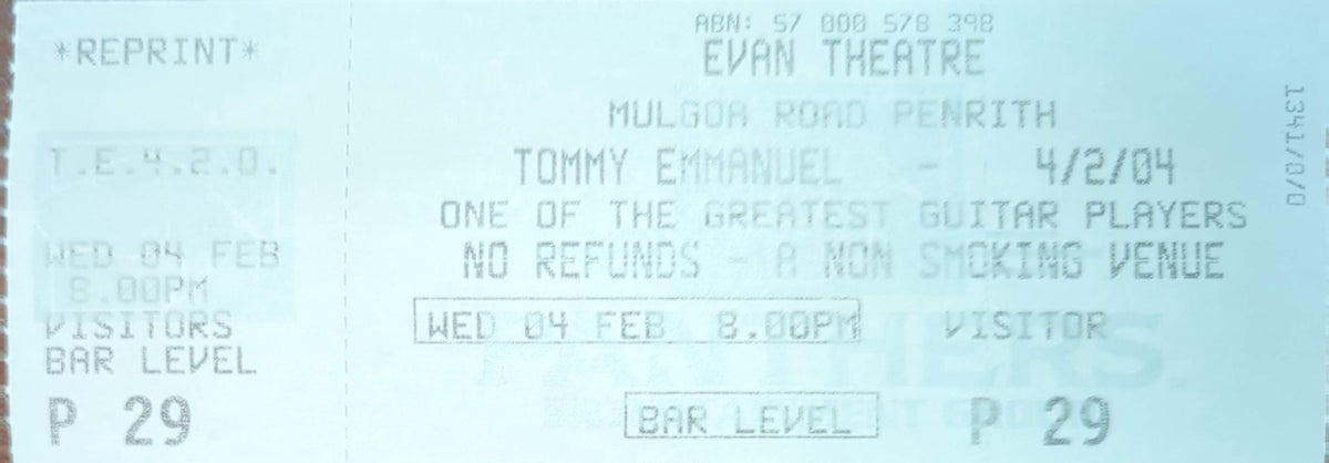 Tommy Emmanuel - 2004 Original Vintage Concert Ticket Seat #P29