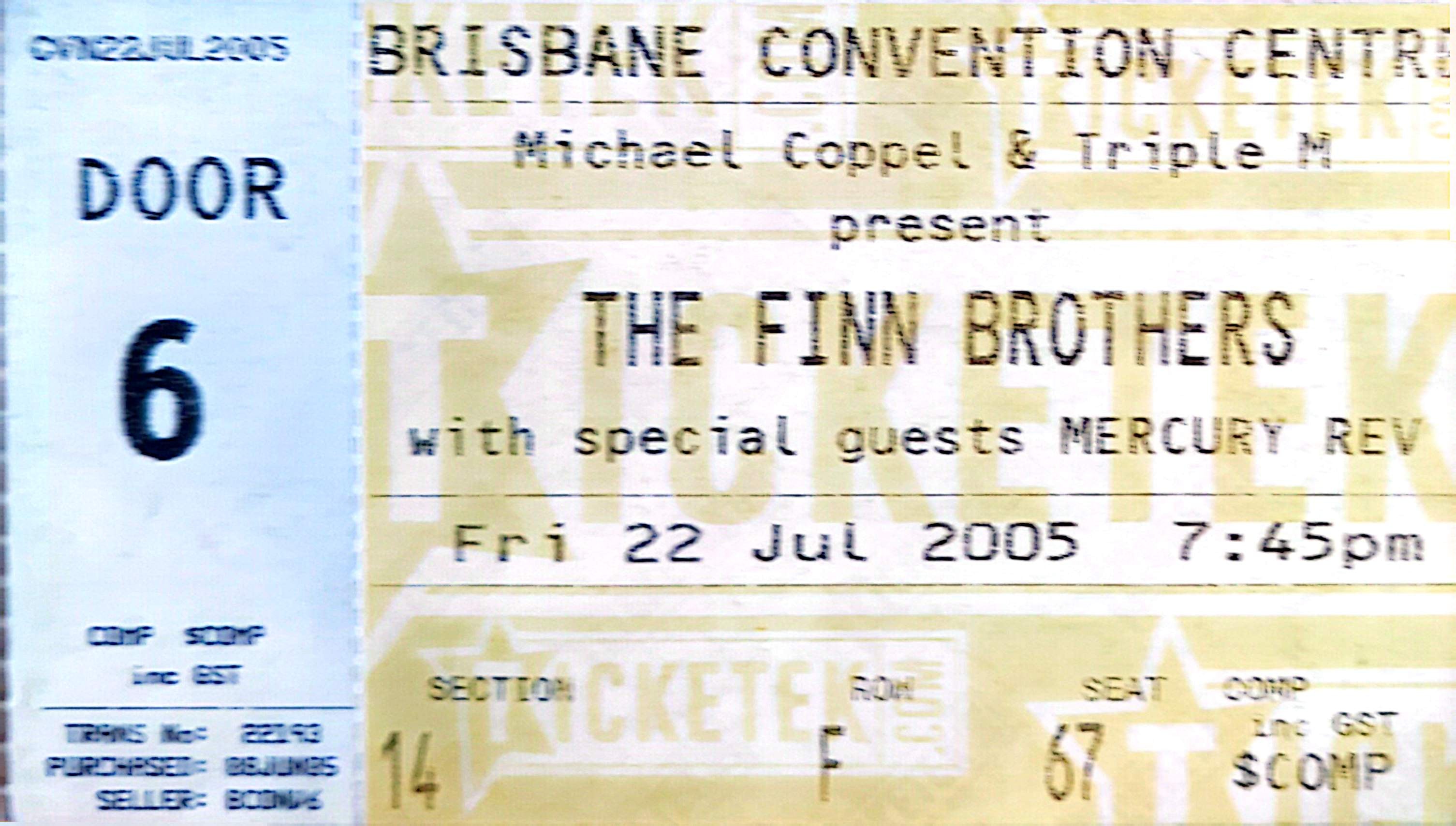 Finn Brothers - 2005 Original Vintage Concert Ticket Seat 67