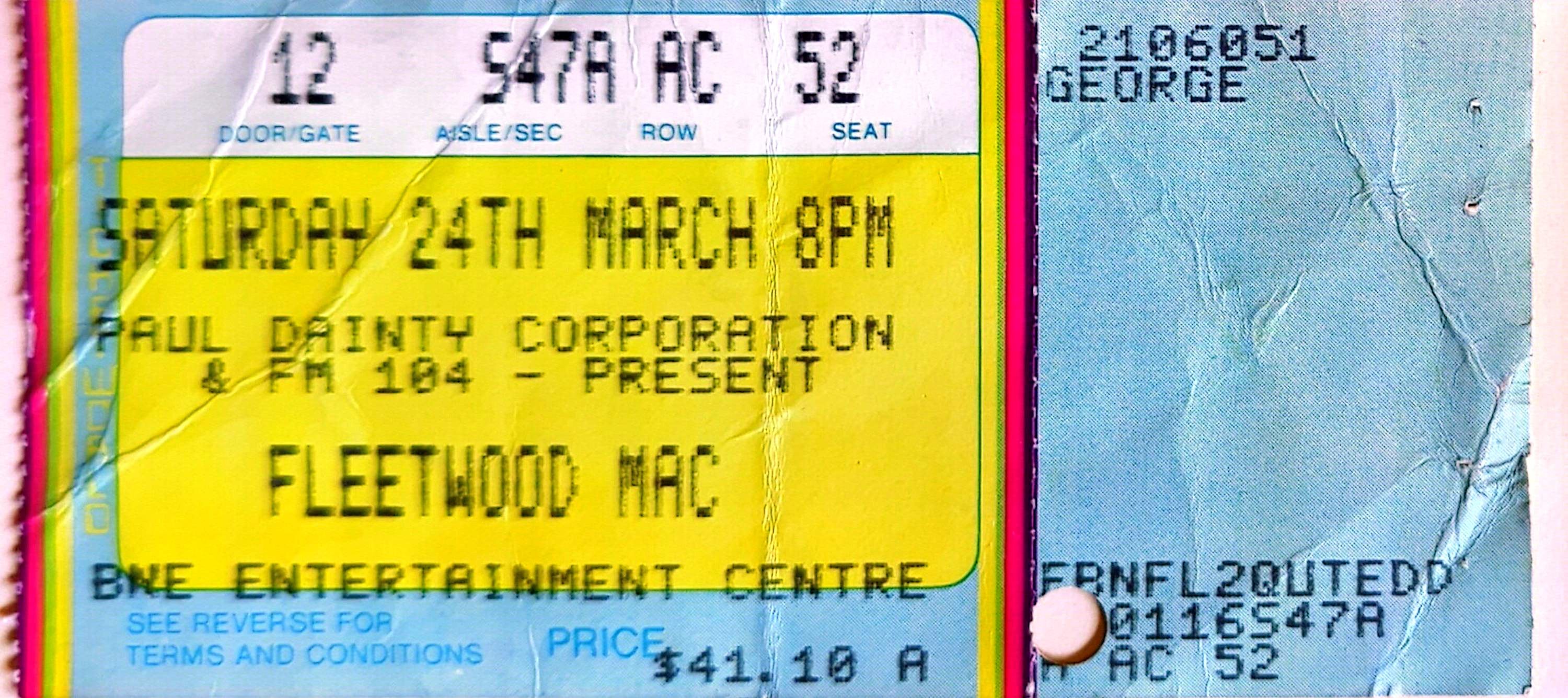 Fleetwood Mac - 1990 Original Vintage Concert Ticket Seat 52