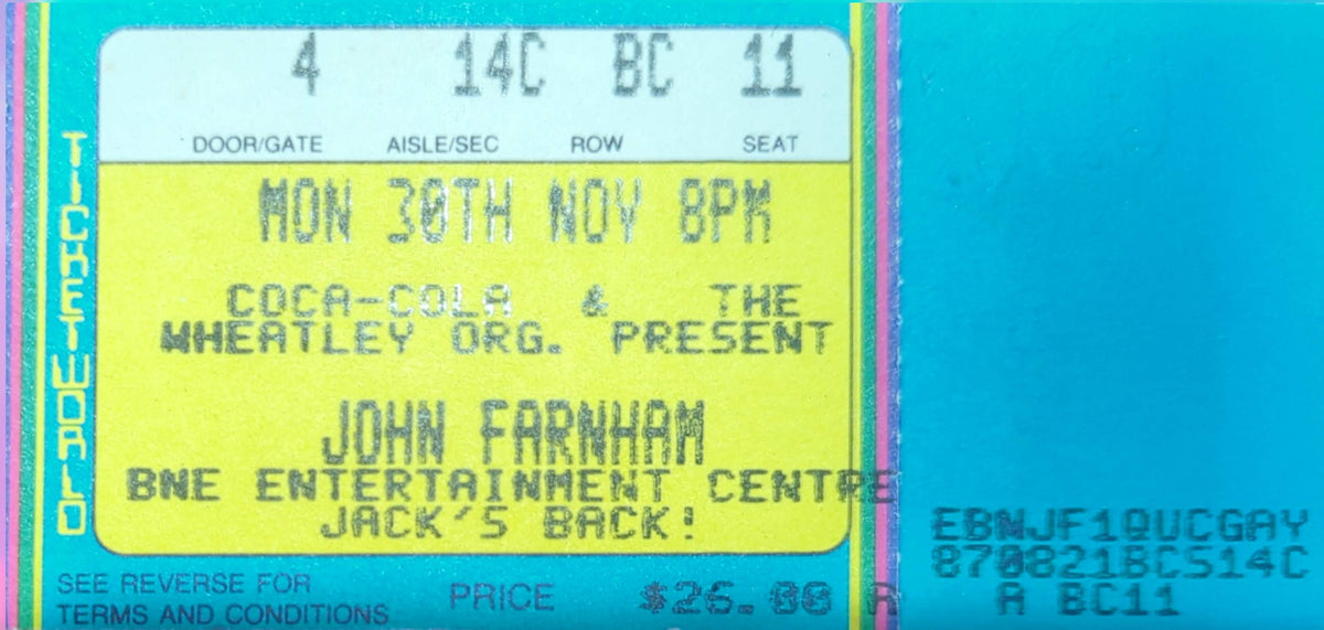 John Farnham -1987 Original Vintage Concert Ticket Seat #11