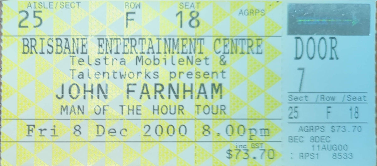John Farnham - 2000 Original Vintage Concert Ticket Seat #F18