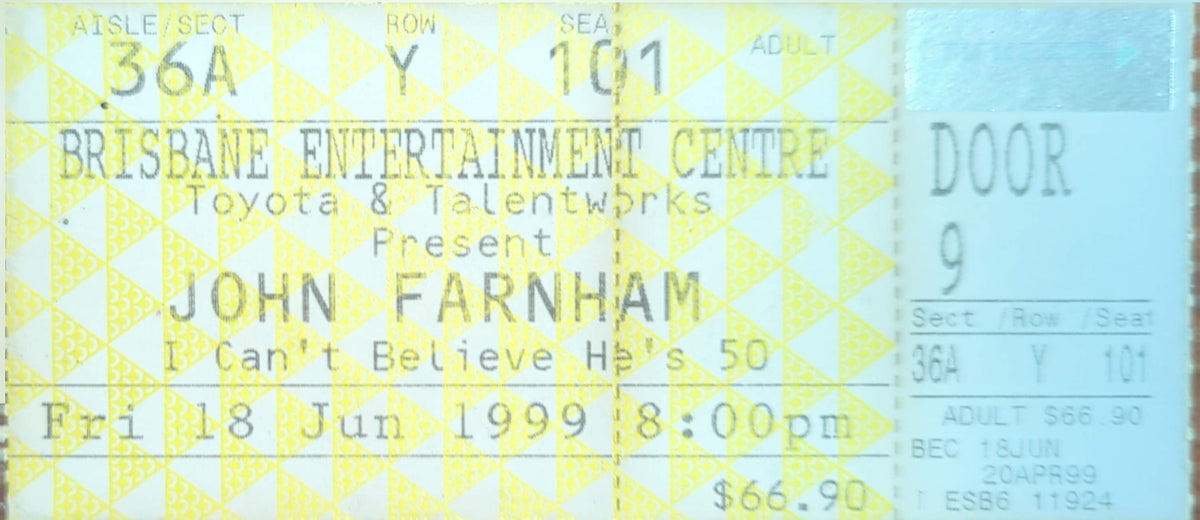 John Farnham - 1999 Original Vintage Concert Ticket Seat #Y101