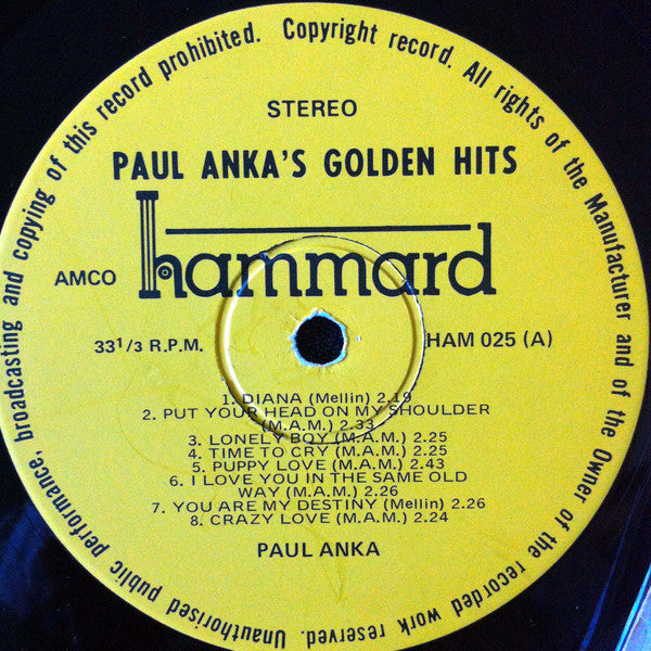 Paul Anka - Golden Hits Vinyl LP (Used)