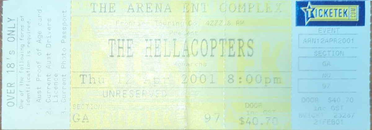Hellacopters - 2001 Original Vintage Concert Ticket Seat #97