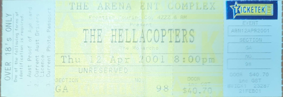 Hellacopters - 2001 Original Vintage Concert Ticket Seat #98