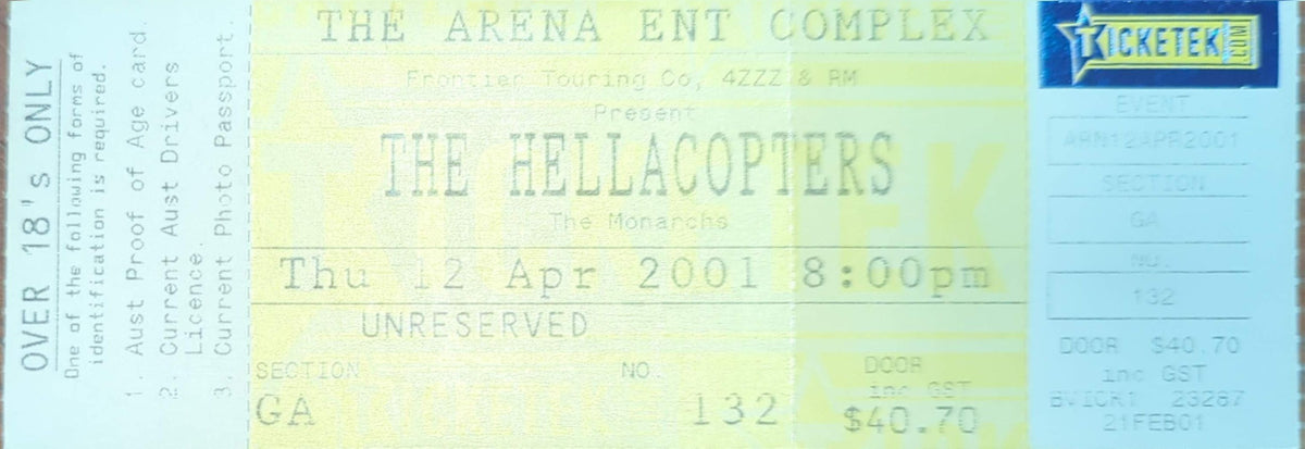 Hellacopters - 2001 Original Vintage Concert Ticket Seat #132