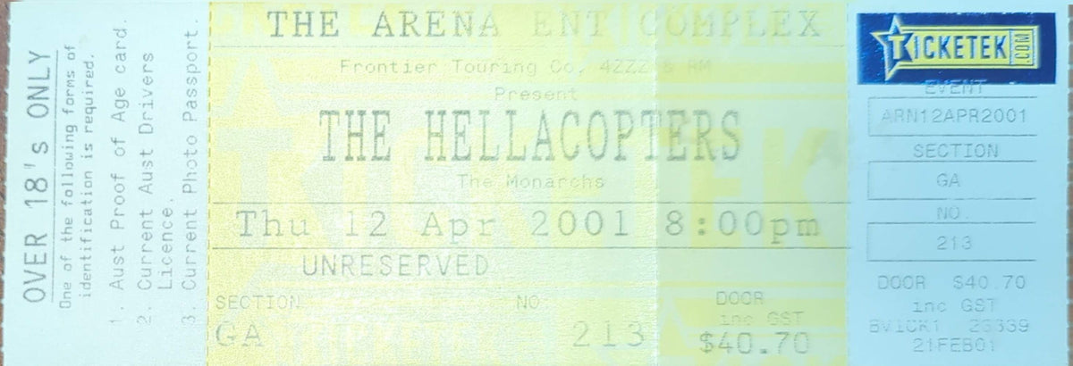 Hellacopters - 2001 Original Vintage Concert Ticket Seat #213