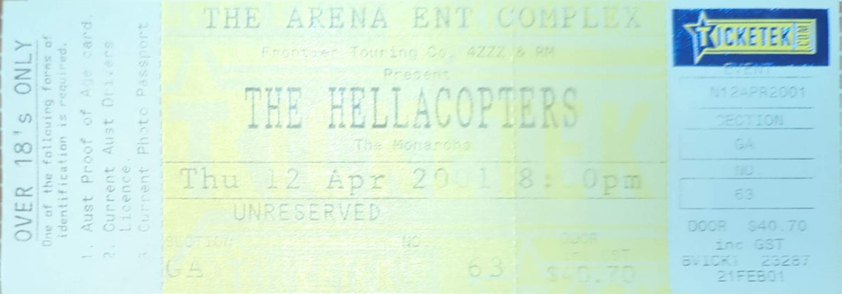 Hellacopters - 2001 Original Vintage Concert Ticket Seat #63