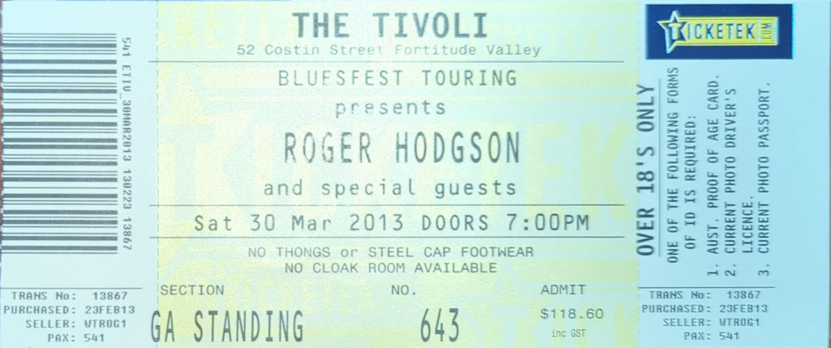 Roger Hodgson - 2013 Original Vintage Concert Ticket Seat #643
