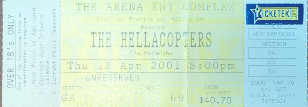 Hellacopters - 2001 Original Vintage Concert Ticket Seat #69